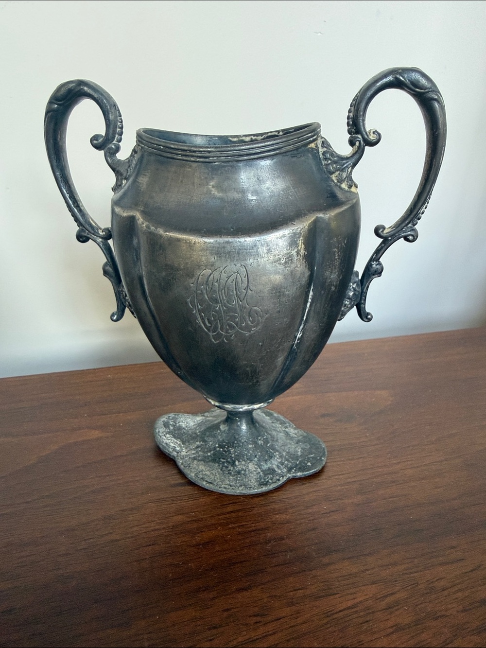 Antique Double-Handled Urn Vase in Aged Silver Tone by Meriden